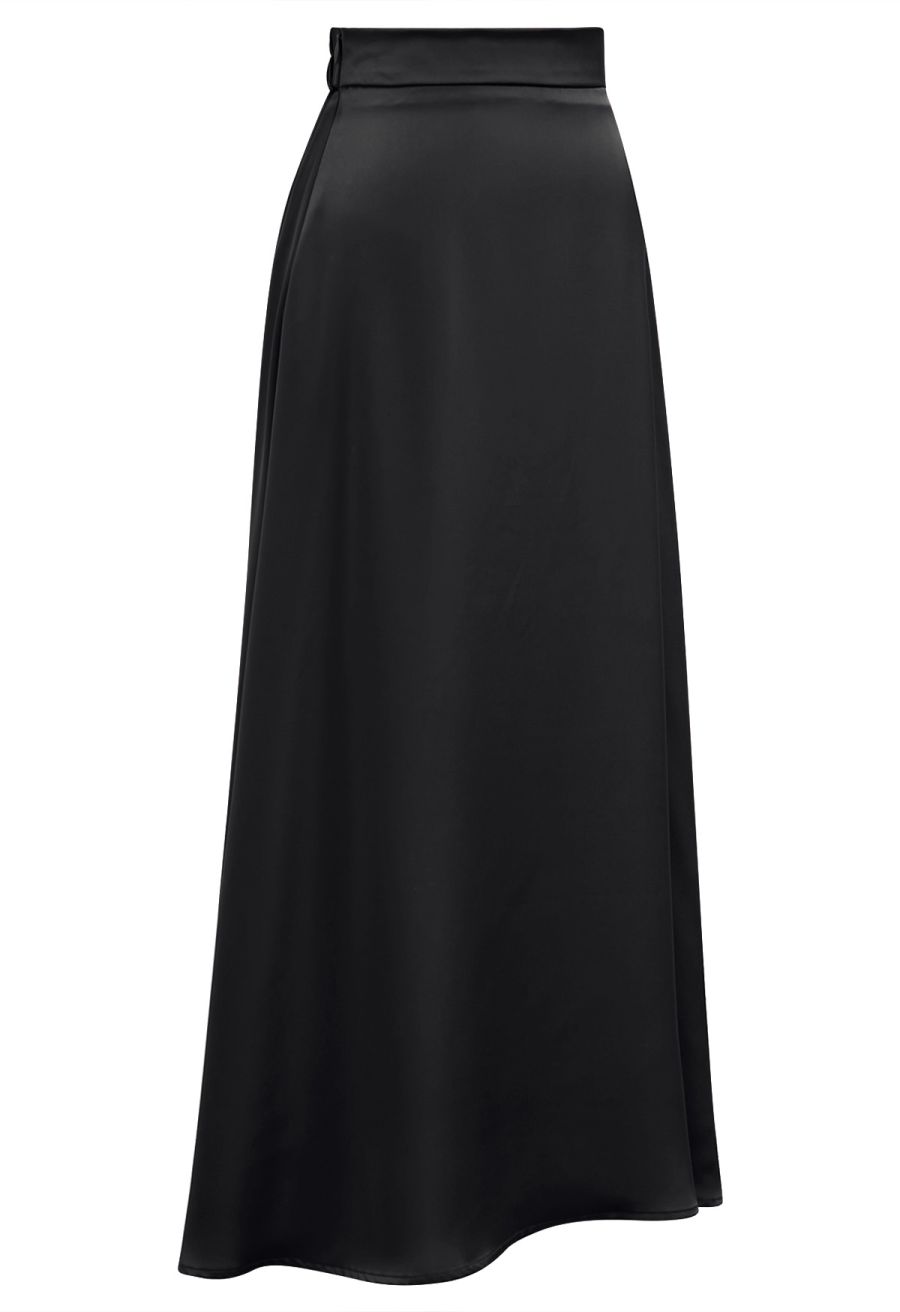 Lustrous Satin Flare Hem Maxi Skirt in Black