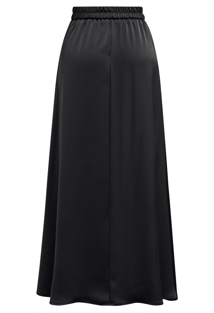 Lustrous Satin Flare Hem Maxi Skirt in Black