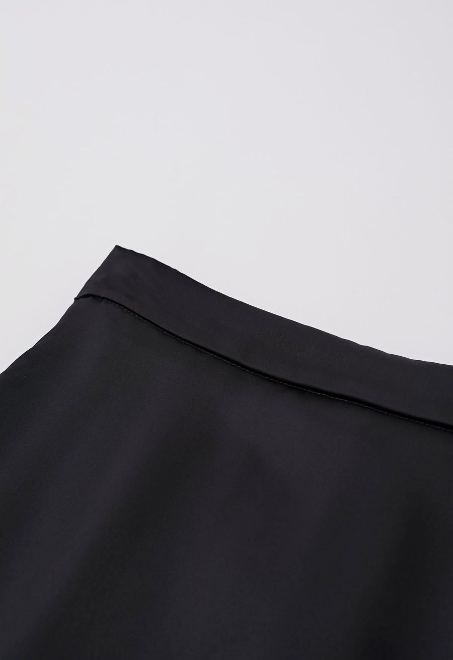 Lustrous Satin Flare Hem Maxi Skirt in Black