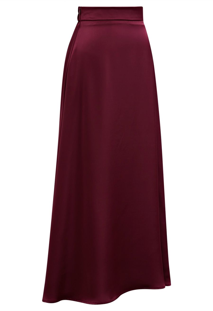 Lustrous Satin Flare Hem Maxi Skirt in Burgundy