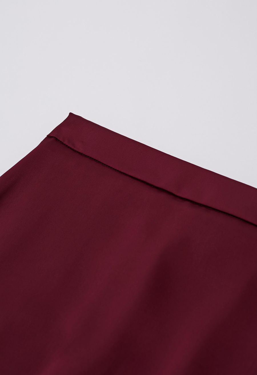 Lustrous Satin Flare Hem Maxi Skirt in Burgundy