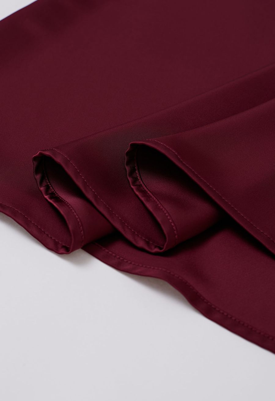 Lustrous Satin Flare Hem Maxi Skirt in Burgundy
