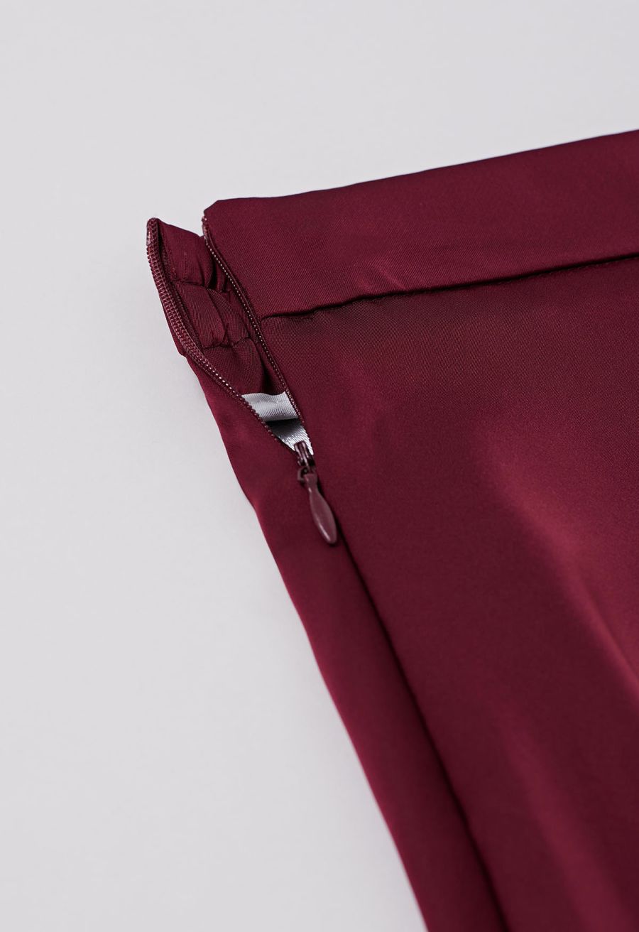 Lustrous Satin Flare Hem Maxi Skirt in Burgundy