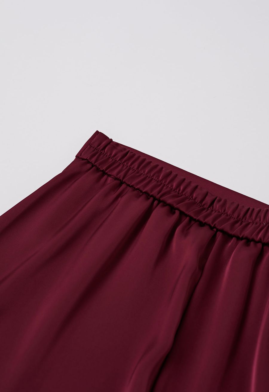 Lustrous Satin Flare Hem Maxi Skirt in Burgundy