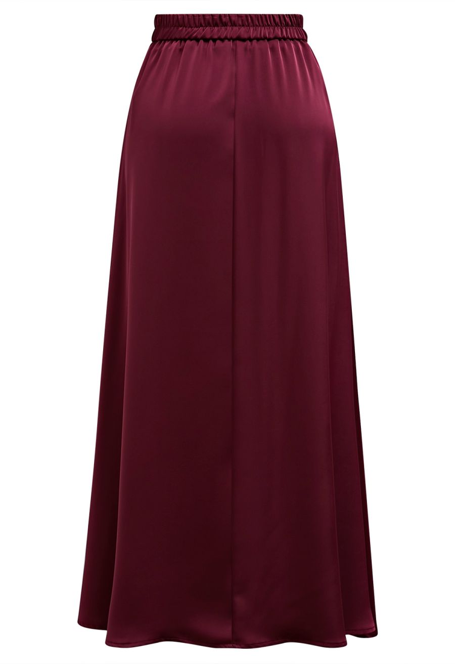 Lustrous Satin Flare Hem Maxi Skirt in Burgundy