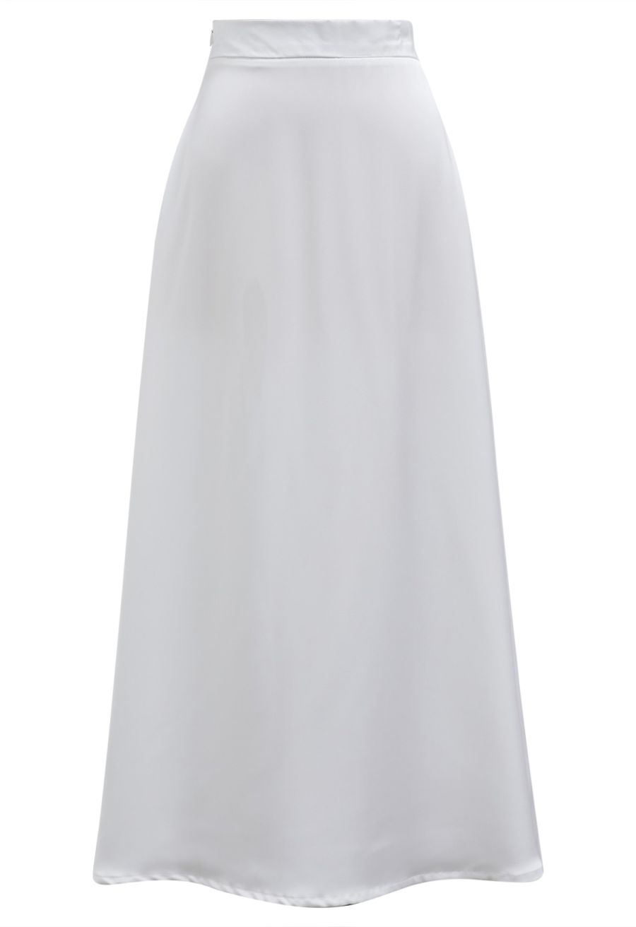 Lustrous Satin Flare Hem Maxi Skirt in White