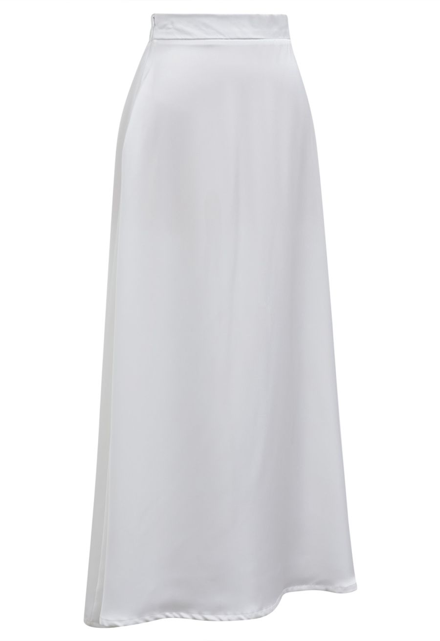 Lustrous Satin Flare Hem Maxi Skirt in White