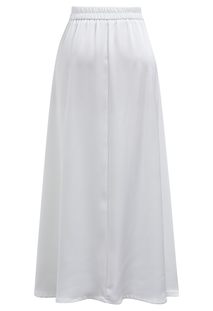 Lustrous Satin Flare Hem Maxi Skirt in White