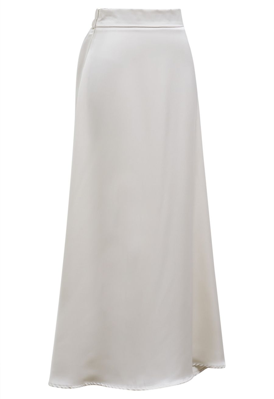 Lustrous Satin Flare Hem Maxi Skirt in Ivory