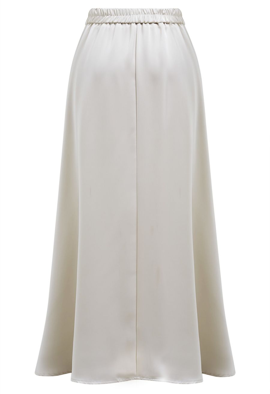 Lustrous Satin Flare Hem Maxi Skirt in Ivory