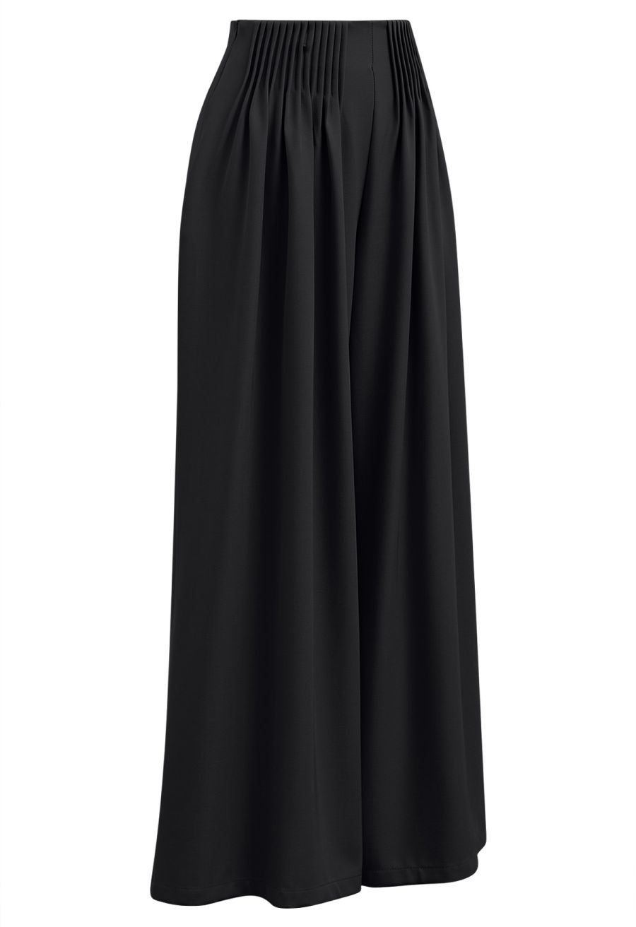 Accordion Pleats Waist Wide-Leg Pants in Black