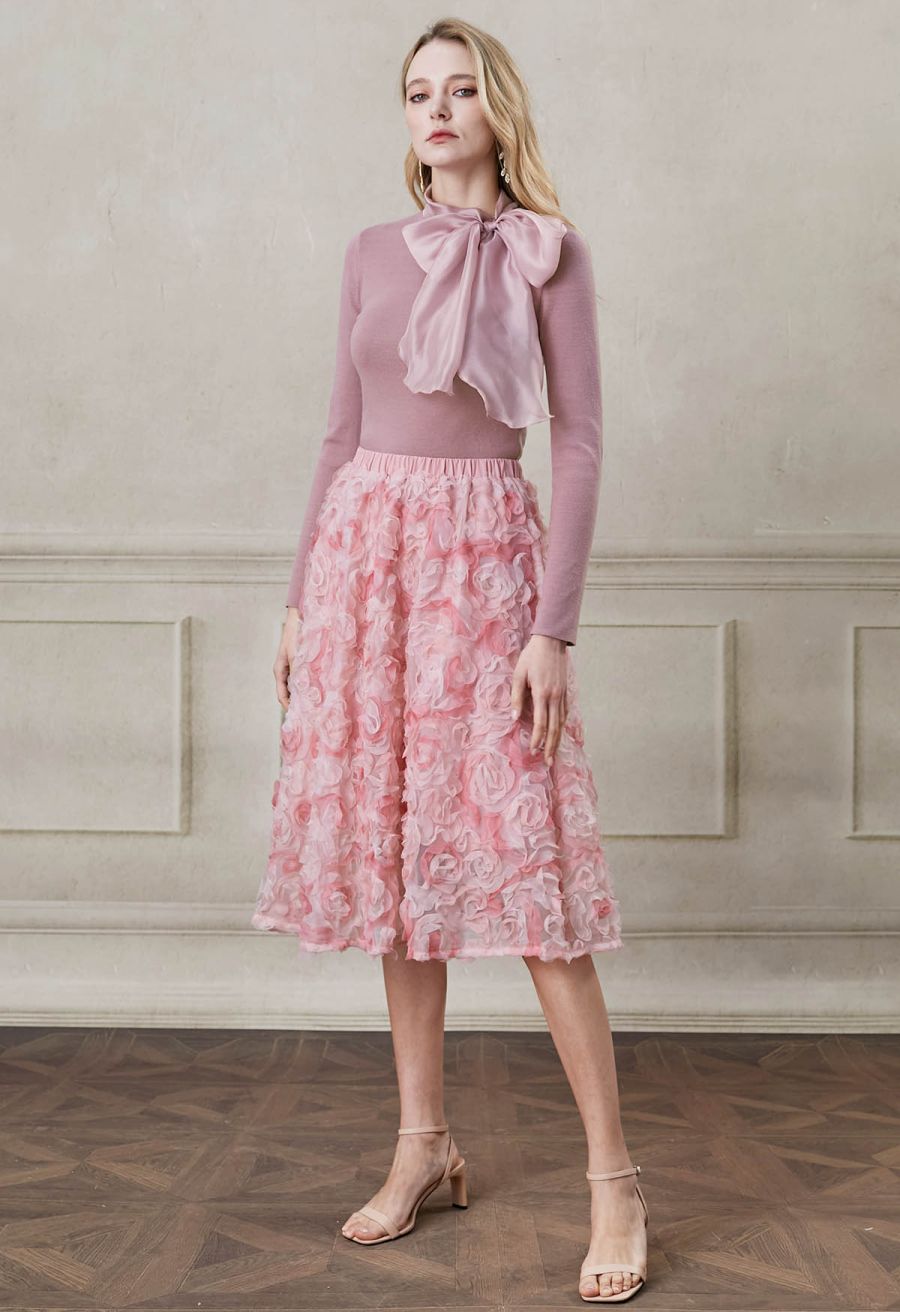 3D Pinky Rose Mesh Tulle Skirt