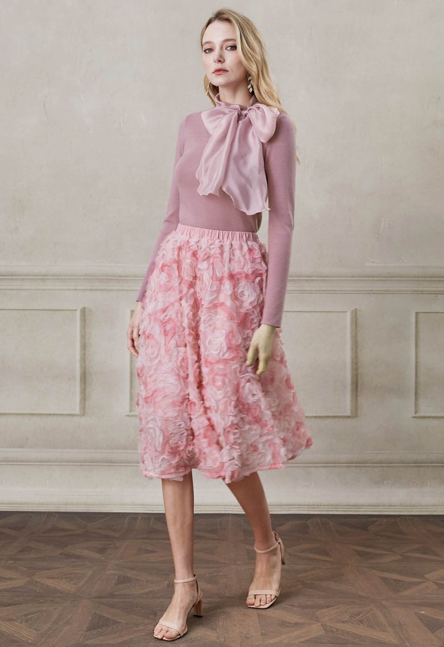 3D Pinky Rose Mesh Tulle Skirt