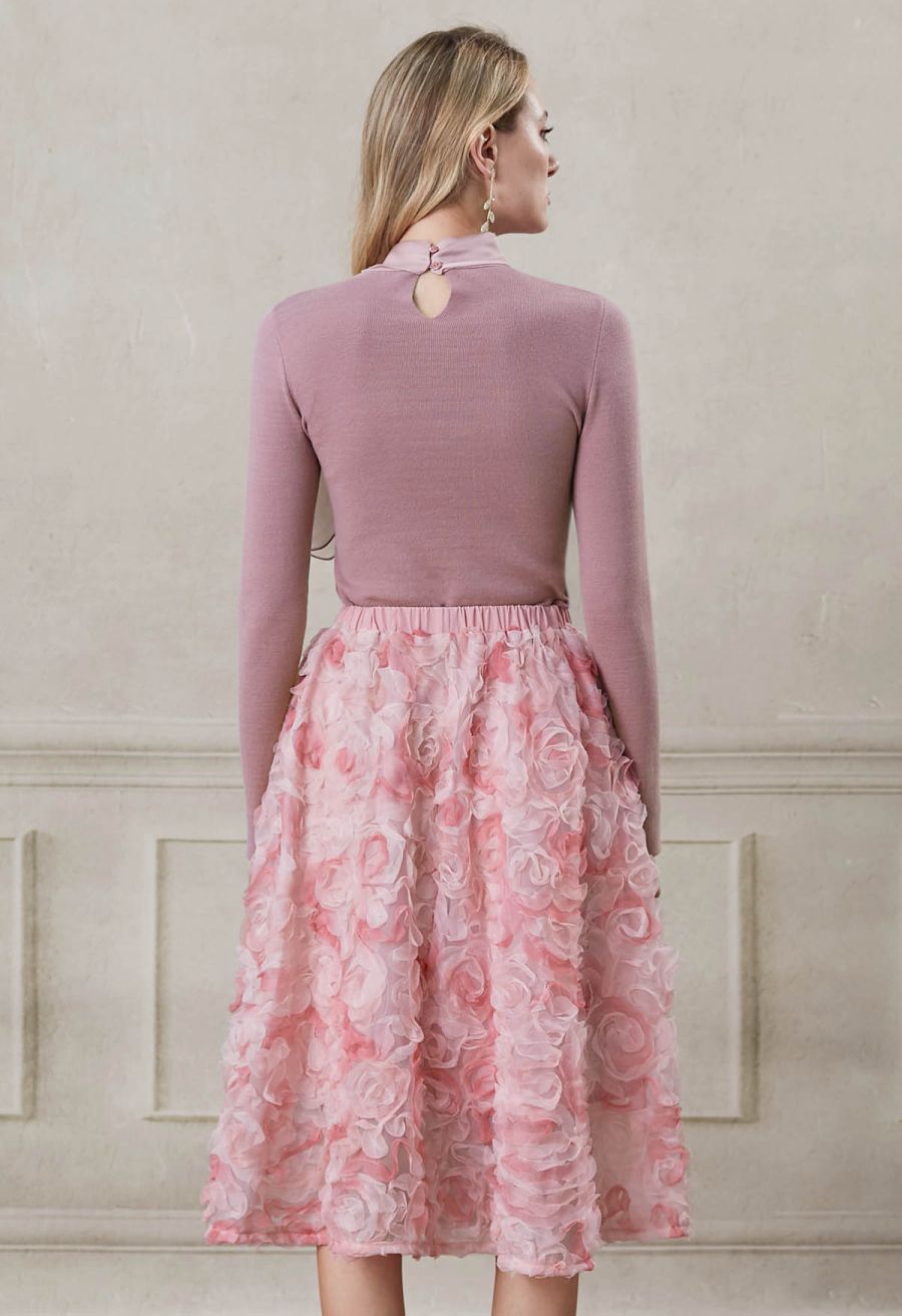 3D Pinky Rose Mesh Tulle Skirt