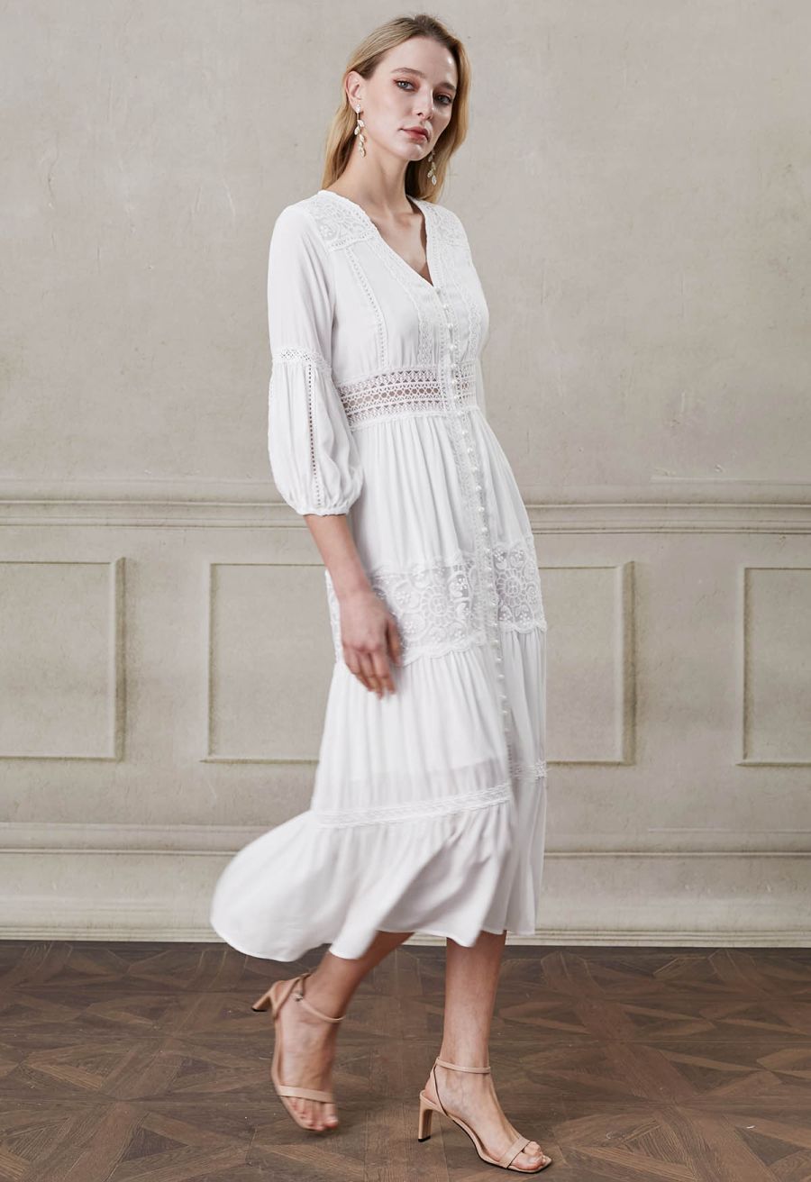 Button Down Crochet Embroidered Boho Maxi Dress in White