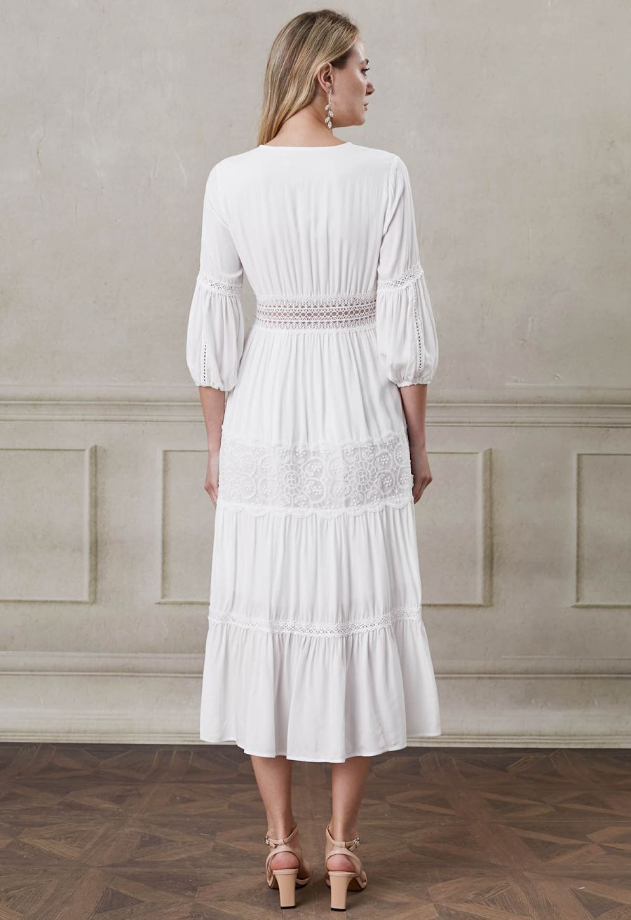 Button Down Crochet Embroidered Boho Maxi Dress in White