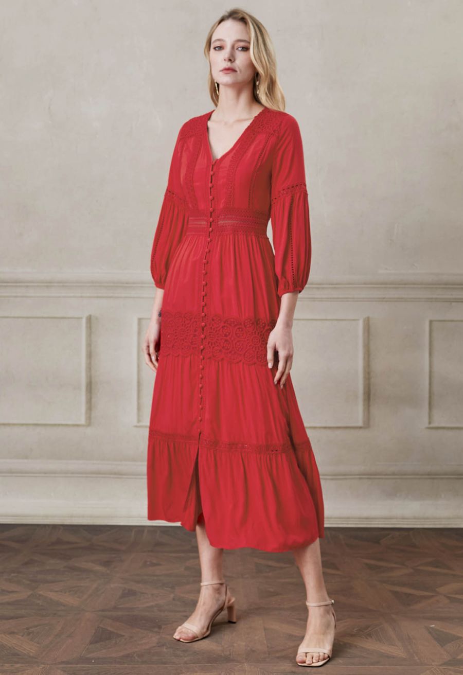 Button Down Crochet Embroidered Boho Maxi Dress in Red