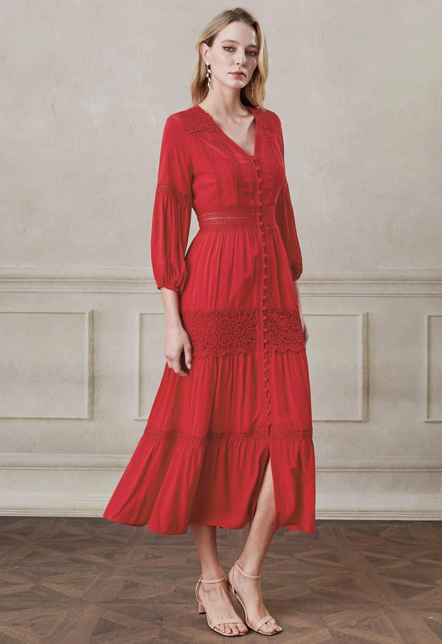 Button Down Crochet Embroidered Boho Maxi Dress in Red