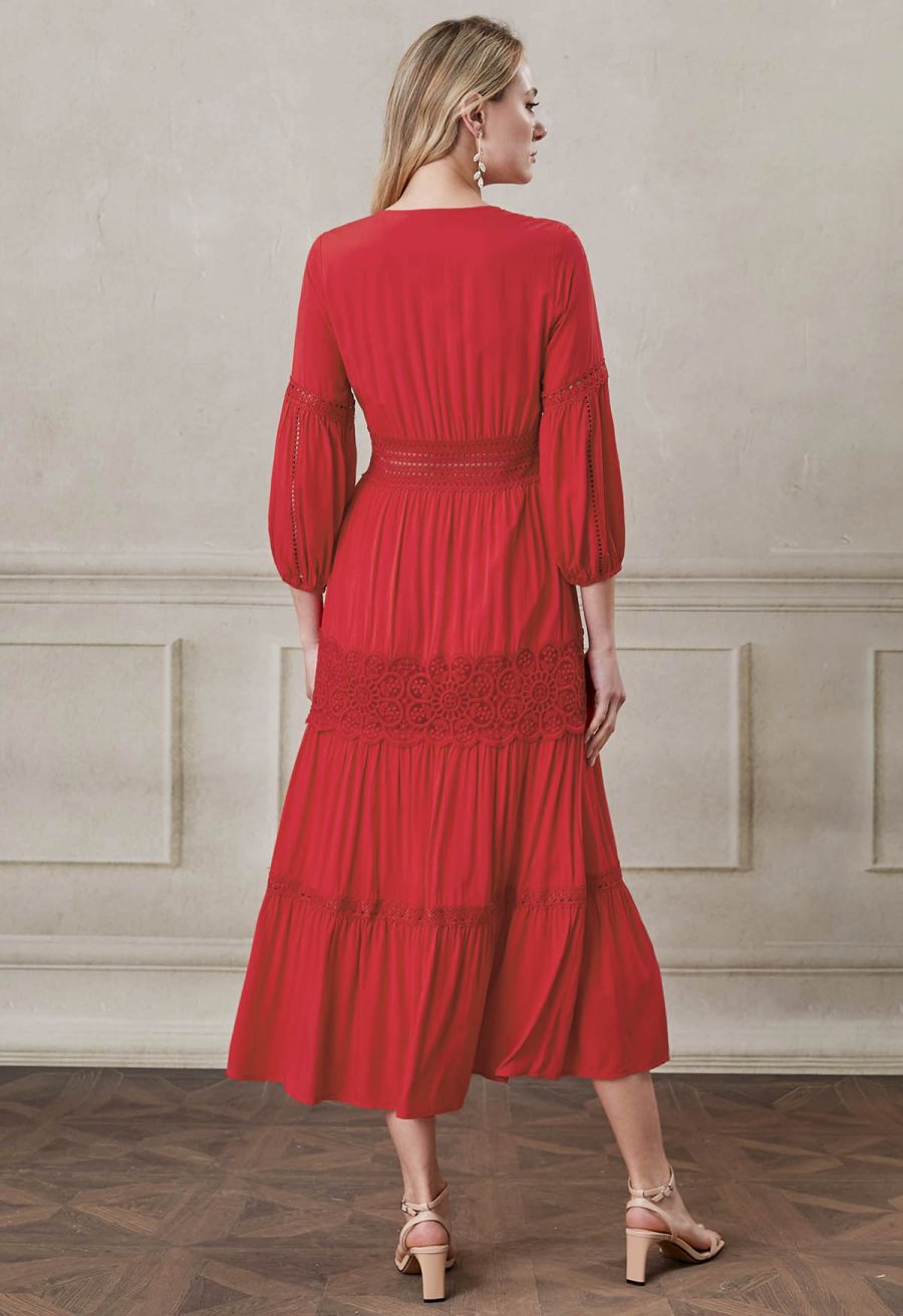 Button Down Crochet Embroidered Boho Maxi Dress in Red