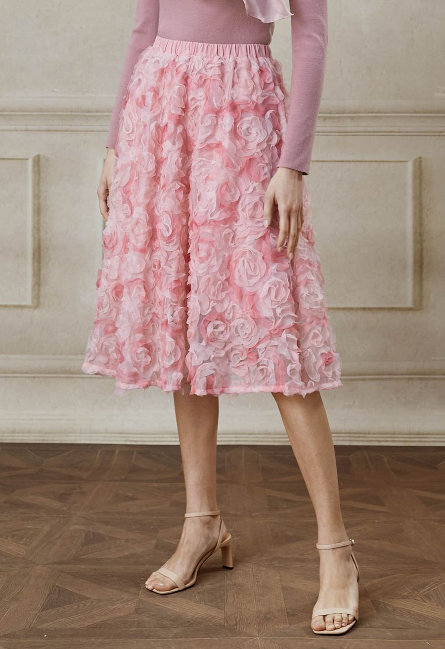 3D Pinky Rose Mesh Tulle Skirt