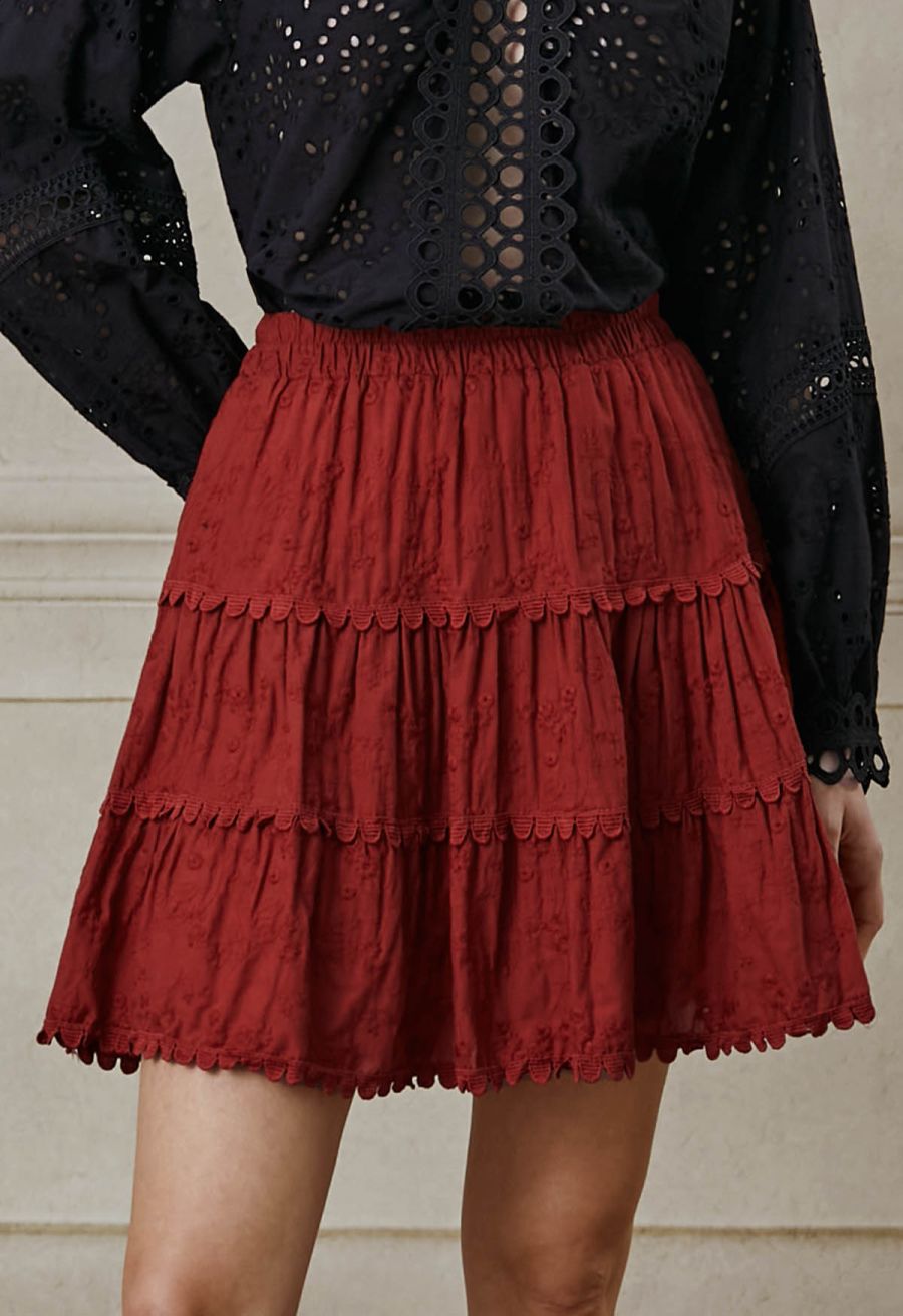 Garden Cutie Floret Embroidered Mini Skirt in Red