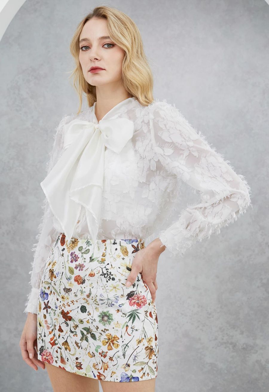 Fringed Jacquard Floral Organza Bowknot Sheer Shirt
