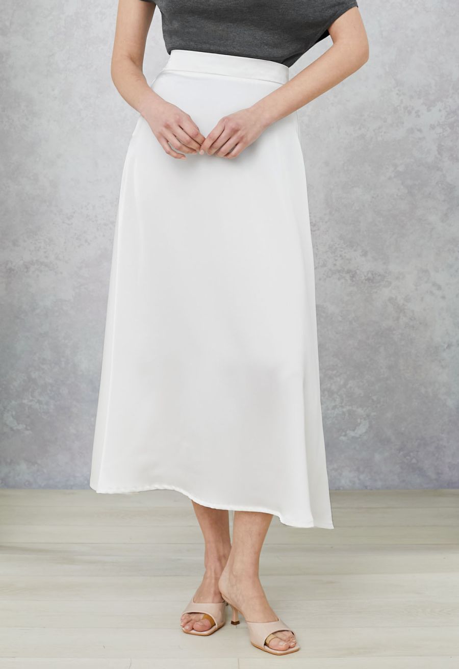 Lustrous Satin Flare Hem Maxi Skirt in White