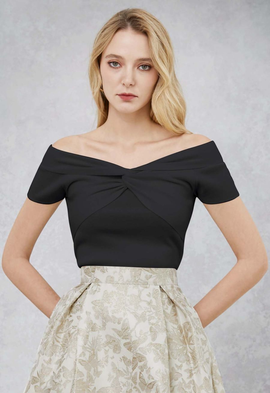 Twisted Off-Shoulder Short Sleeve Cropped Knit Top in Black