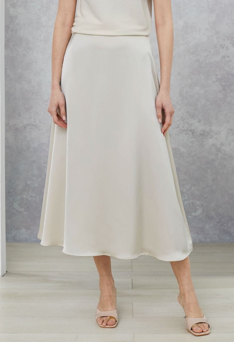 Lustrous Satin Flare Hem Maxi Skirt in Ivory