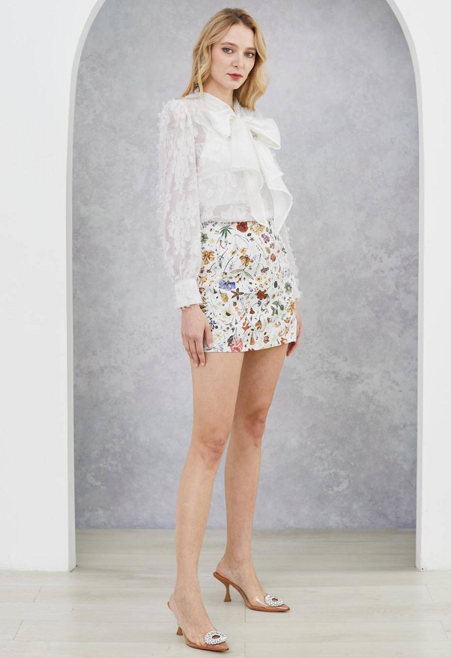 Fringed Jacquard Floral Organza Bowknot Sheer Shirt