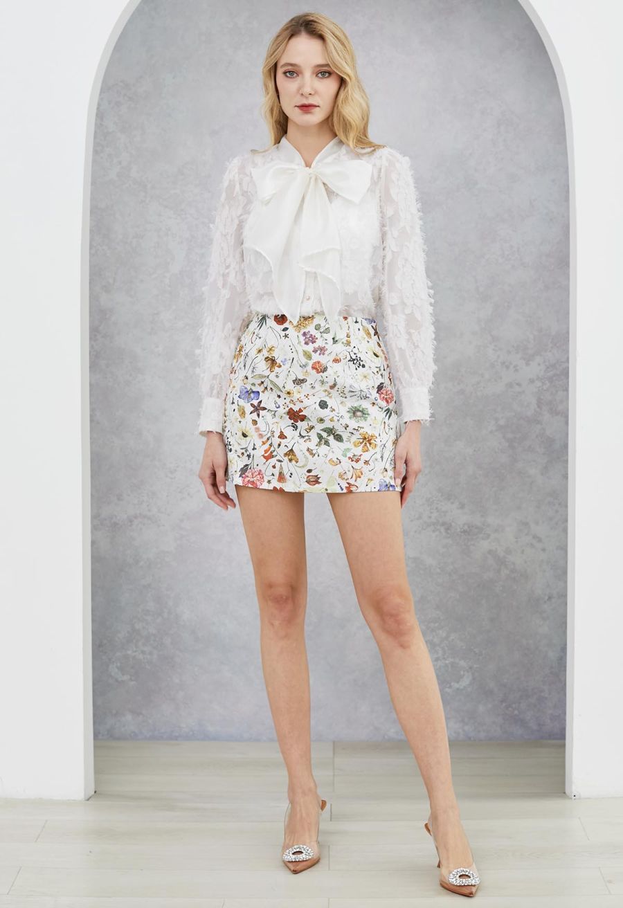 Fringed Jacquard Floral Organza Bowknot Sheer Shirt