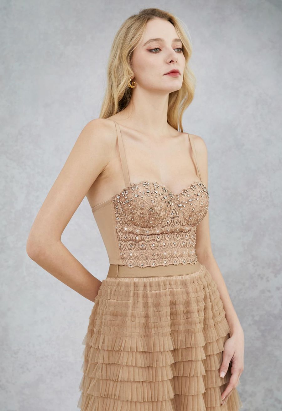 Rhinestone Lace Embroidered Bustier Mesh Crop Top in Apricot