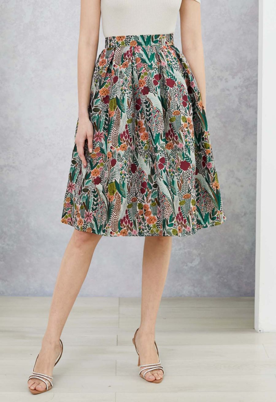 Spring Scenery Jacquard Pleated Midi Skirt