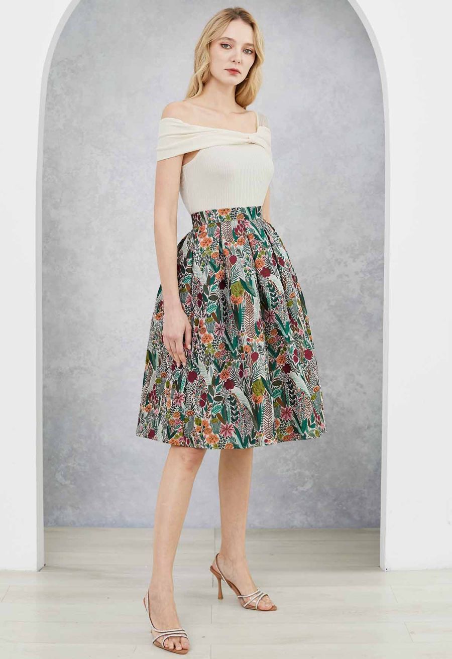 Spring Scenery Jacquard Pleated Midi Skirt