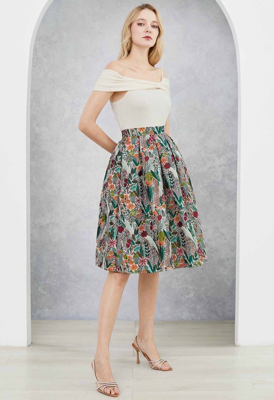 Spring Scenery Jacquard Pleated Midi Skirt