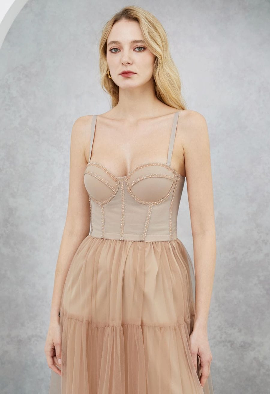 Crystal Embellished Bustier Mesh Crop Top in Apricot