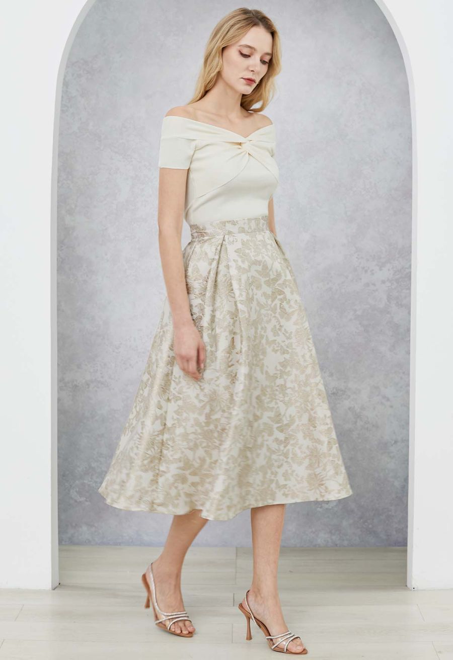 Twisted Off-Shoulder Short Sleeve Cropped Knit Top in Cream
