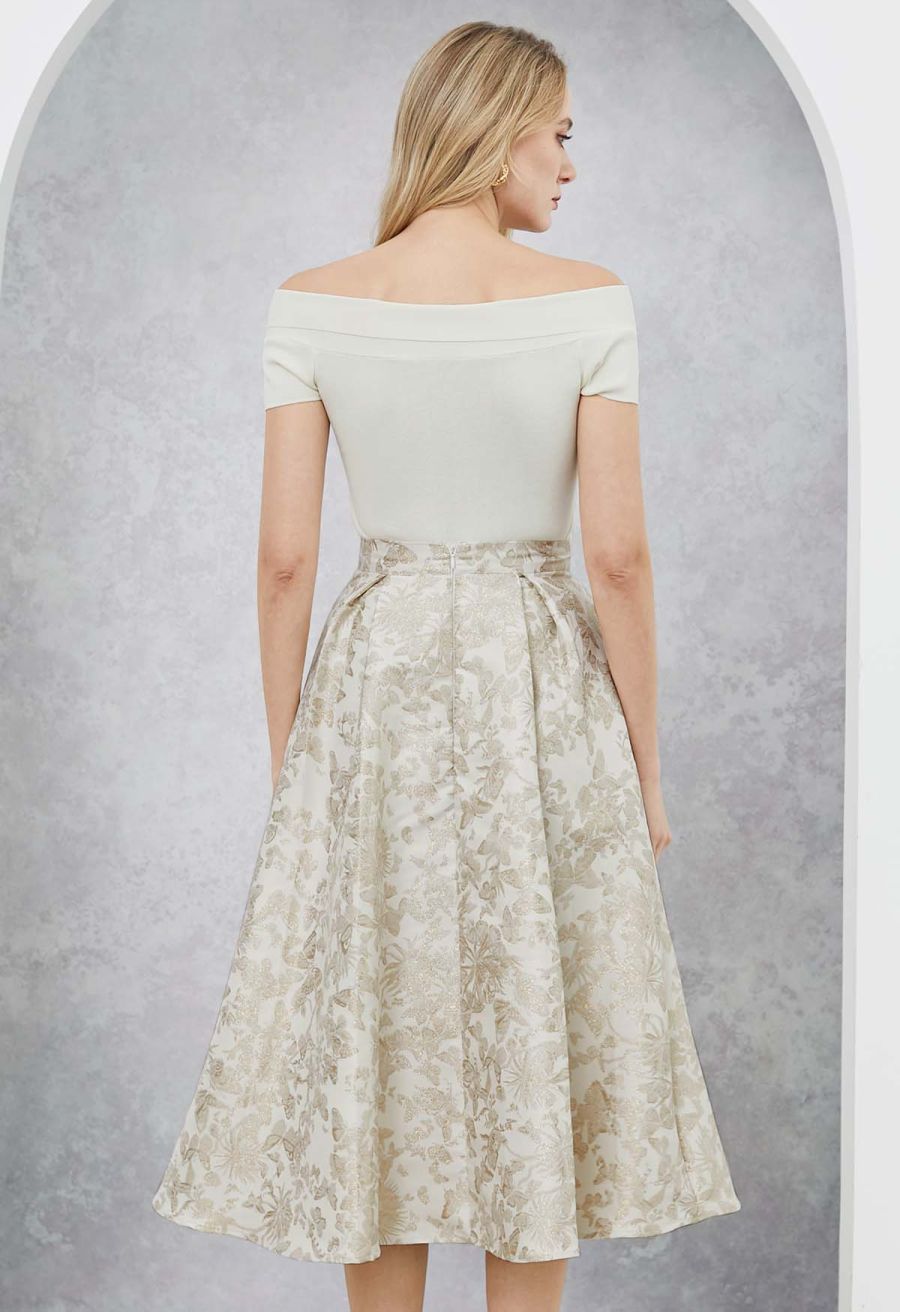 Butterfly Garden Metallic Jacquard A-Line Midi Skirt in Ivory