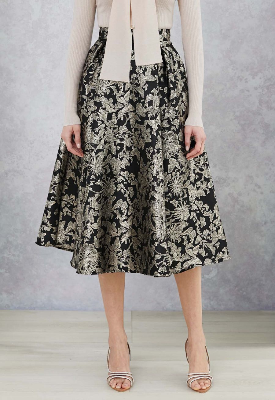 Butterfly Garden Metallic Jacquard A-Line Midi Skirt in Black