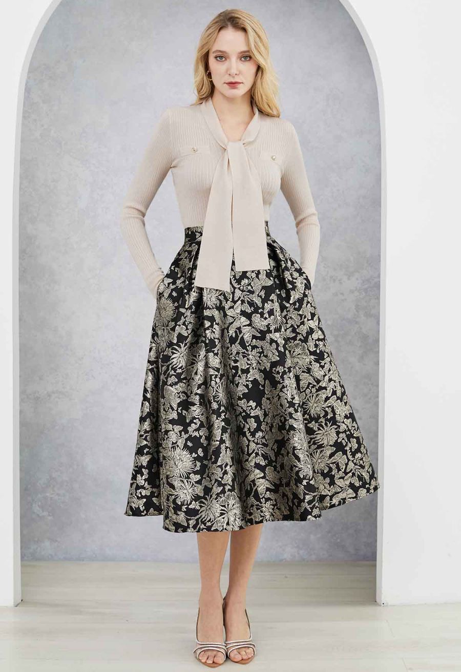 Butterfly Garden Metallic Jacquard A-Line Midi Skirt in Black