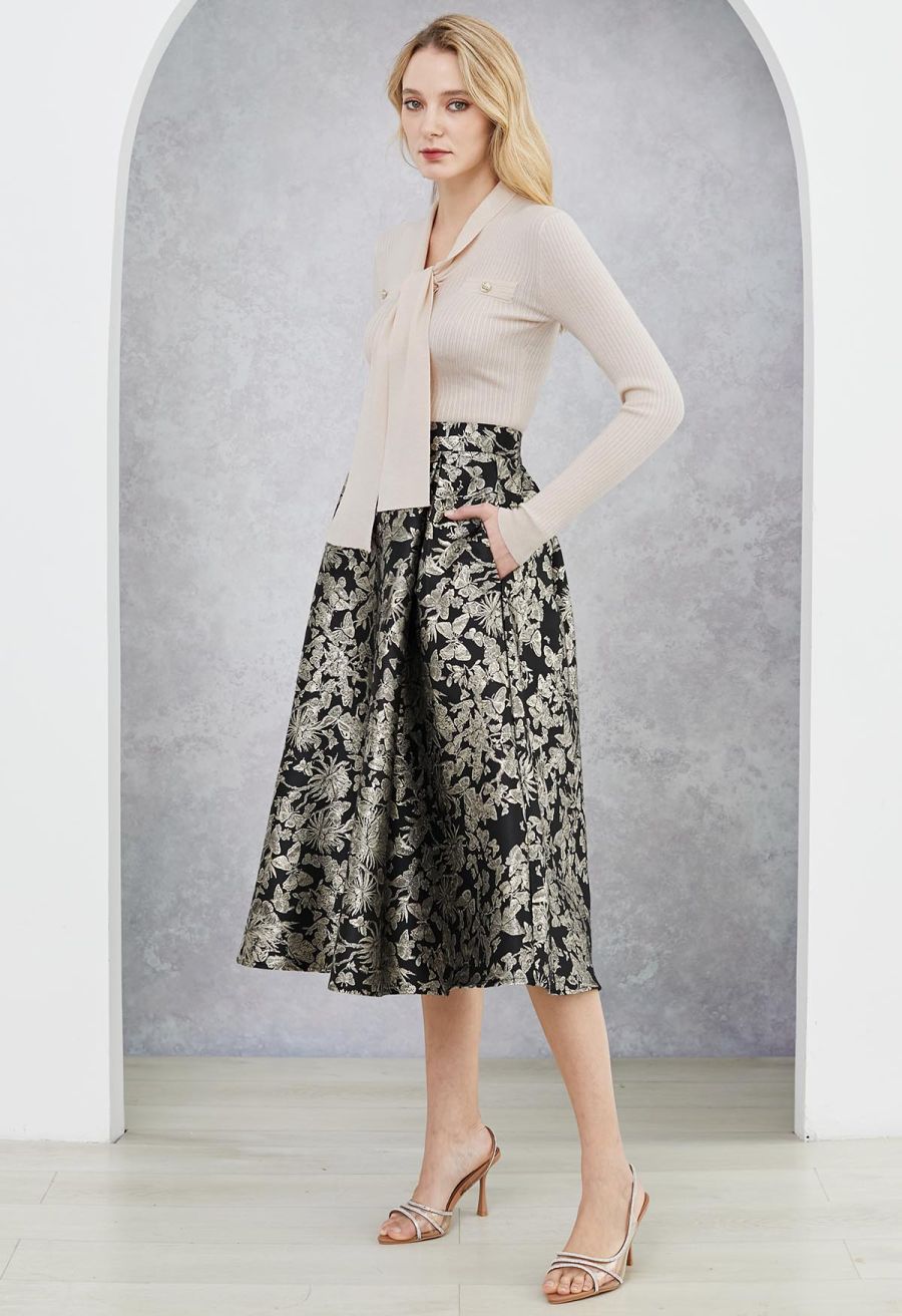 Golden Button Tie-Sash Knotted Fitted Knit Top in Nude