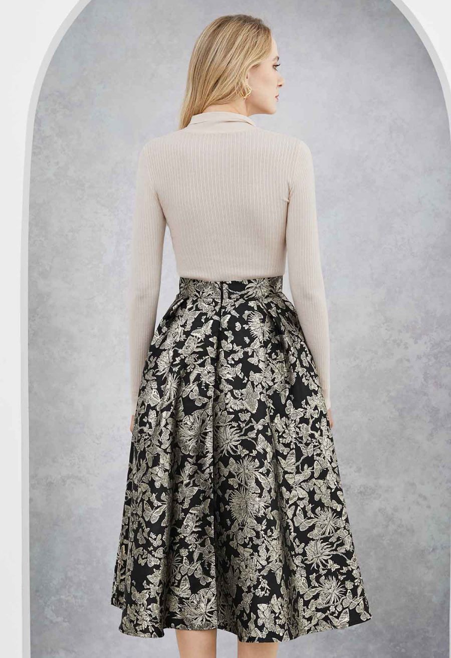 Butterfly Garden Metallic Jacquard A-Line Midi Skirt in Black