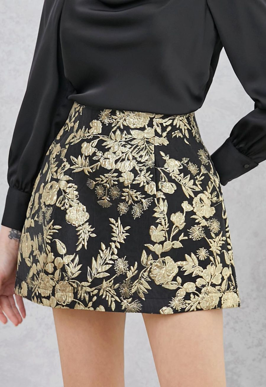 Golden Floral Jacquard Embossed Side Pocket Mini Skorts