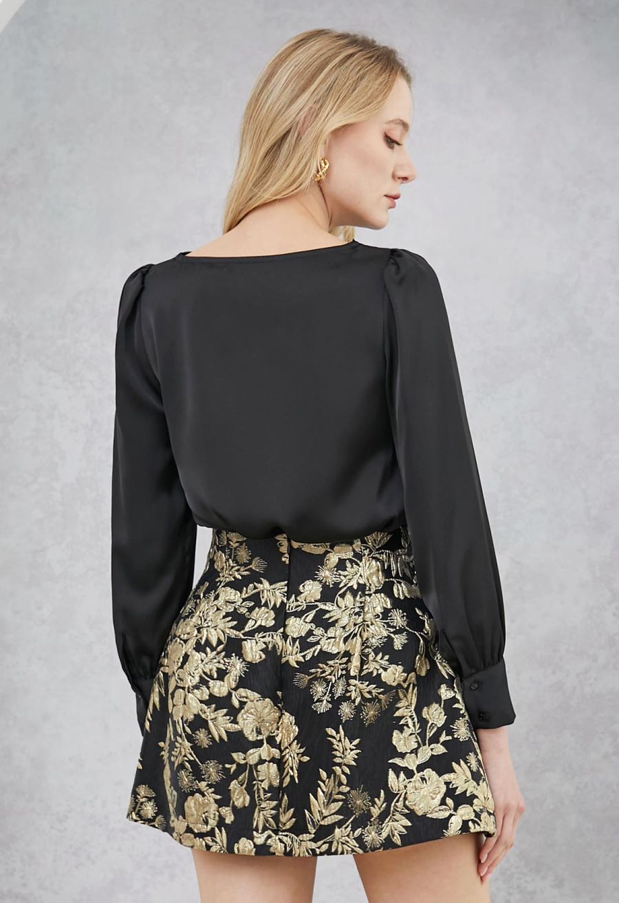 Sequins Floral Lace Drape Neck Satin Shirt in Black