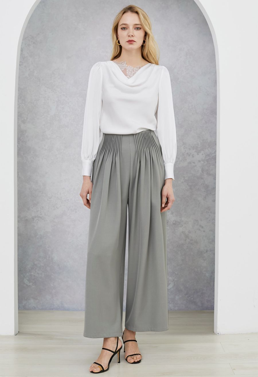 Accordion Pleats Waist Wide-Leg Pants in Grey