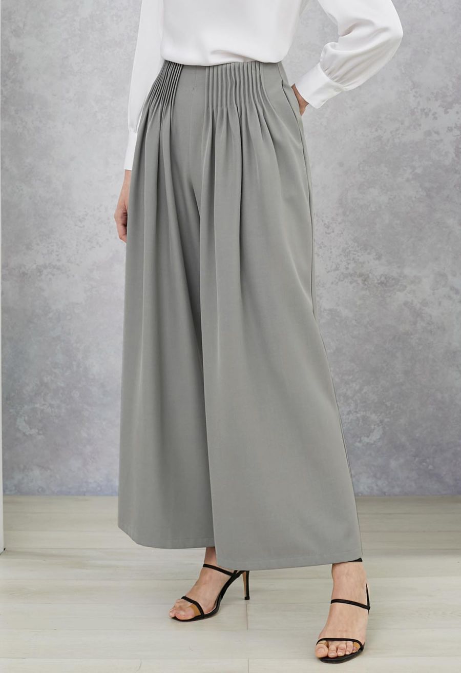 Accordion Pleats Waist Wide-Leg Pants in Grey