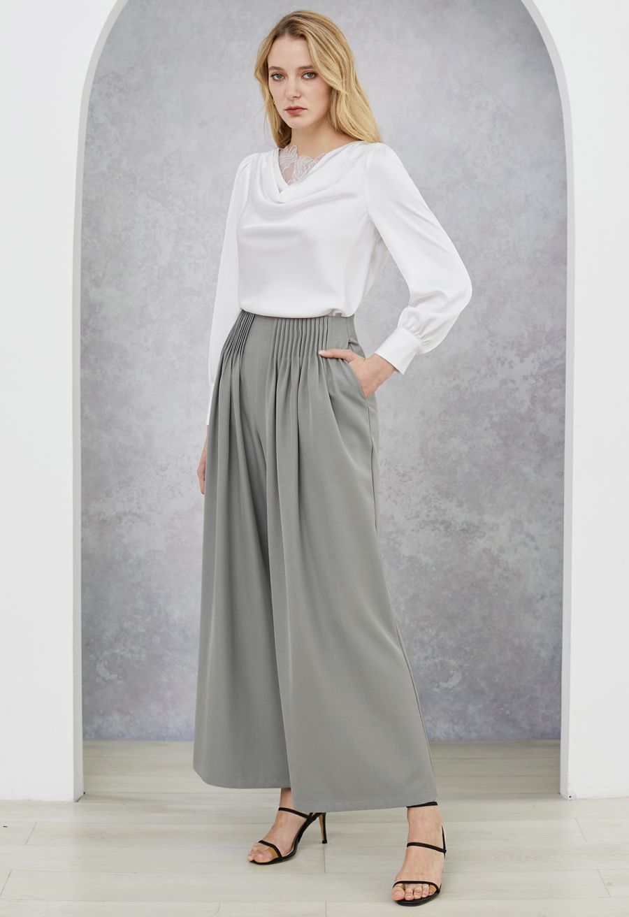 Accordion Pleats Waist Wide-Leg Pants in Grey