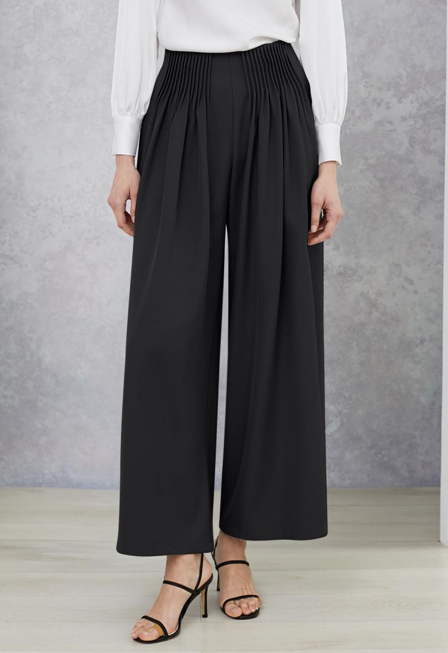 Accordion Pleats Waist Wide-Leg Pants in Black