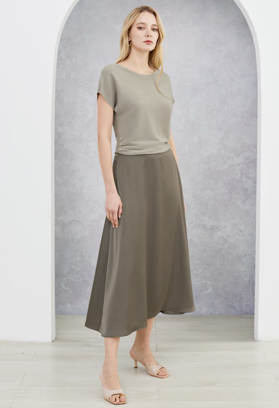 Lustrous Satin Flare Hem Maxi Skirt in Taupe