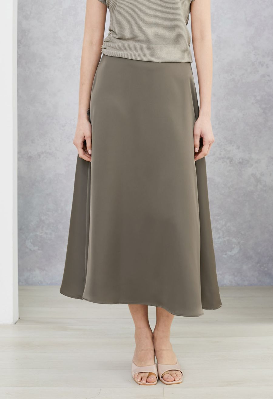 Lustrous Satin Flare Hem Maxi Skirt in Taupe
